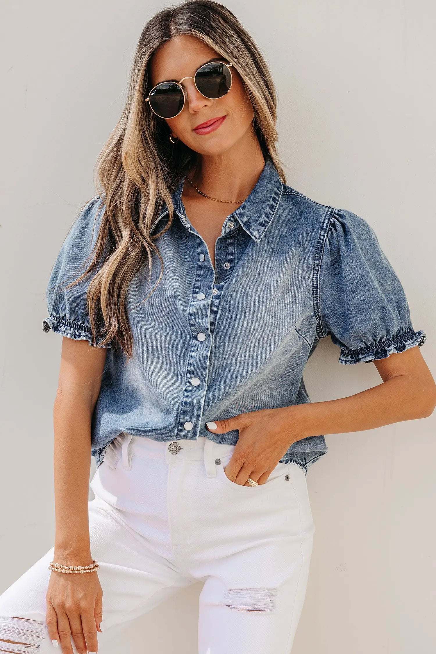 Blue denim Western chic shirt with frilled short sleeves and snap buttons