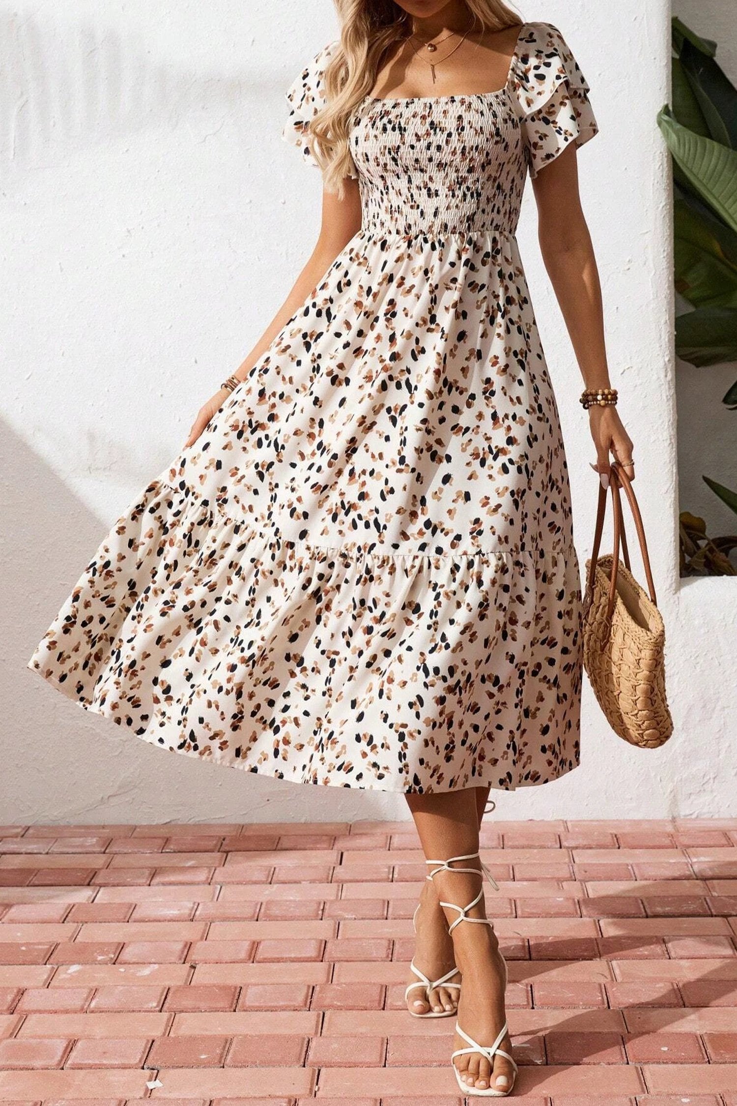 beige ditsy floral print smocked square neck ruffle short sleeve dress for women casual everyday outfit