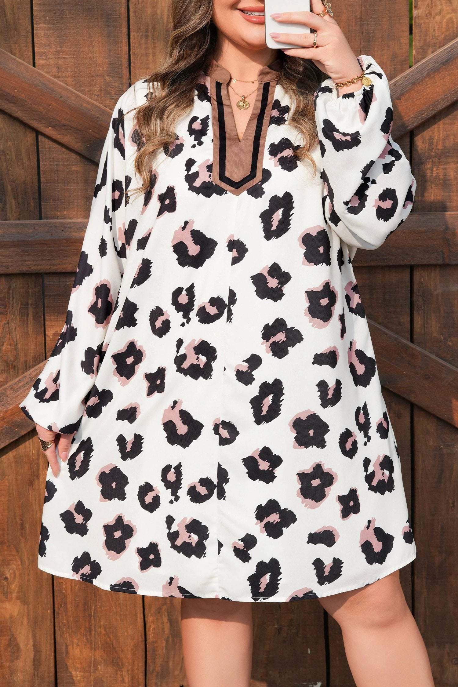 khaki leopard print contrast v neck plus size shift mini dress for women casual everyday outfit