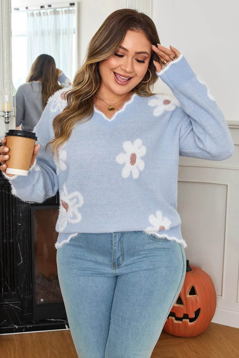 gray fuzzy flower scalloped v neck plus sweater for women casual everyday outfit