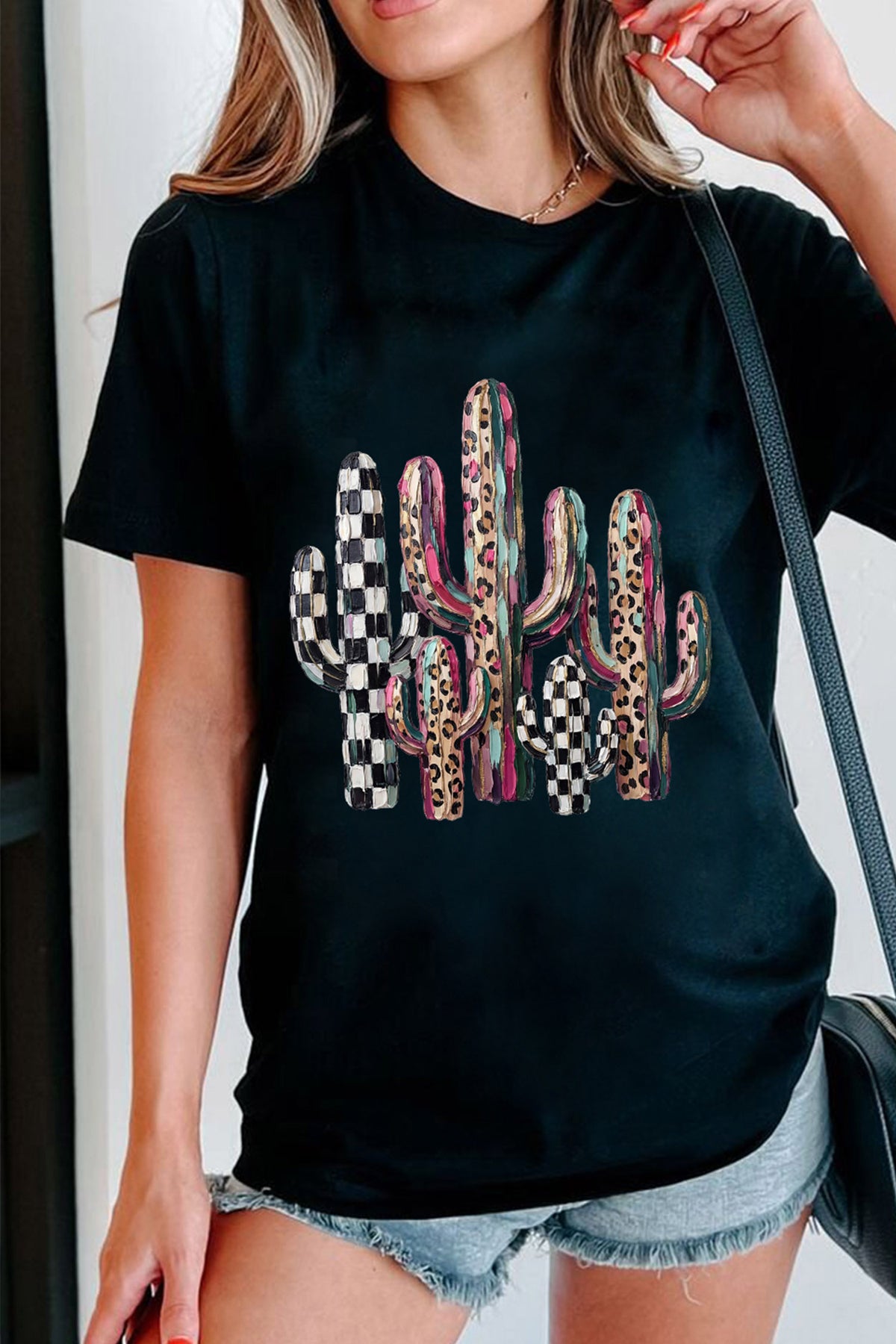 Mixed Pattern Cactus Graphic Print Relaxed T-Shirt