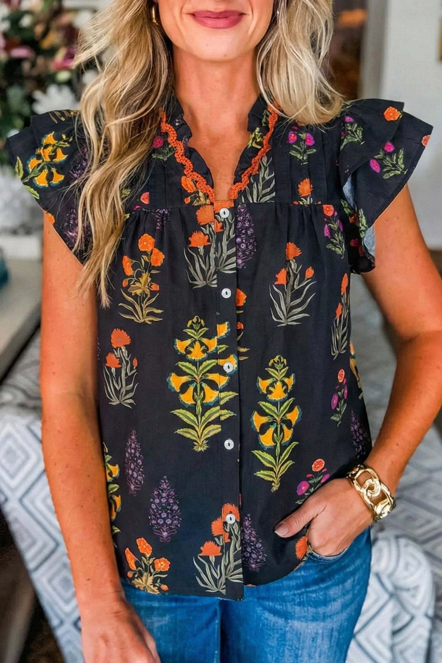 Boho Bloom floral print blouse with lace trim and frilled V-neck short sleeves
