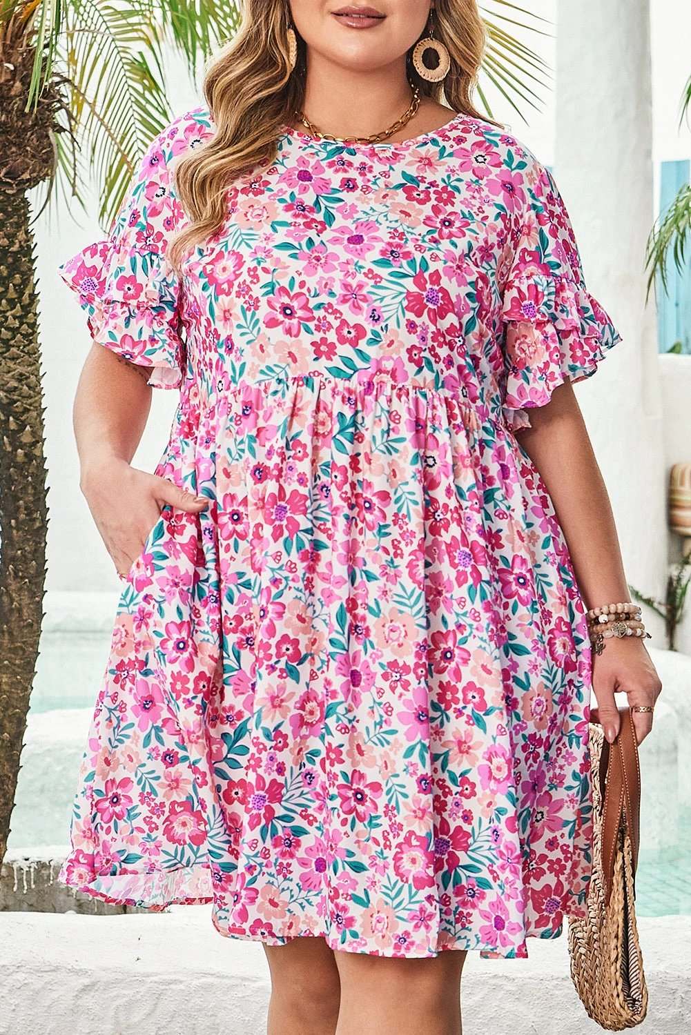 Plus Size Floral Dress with frilled short sleeves and flare silhouette