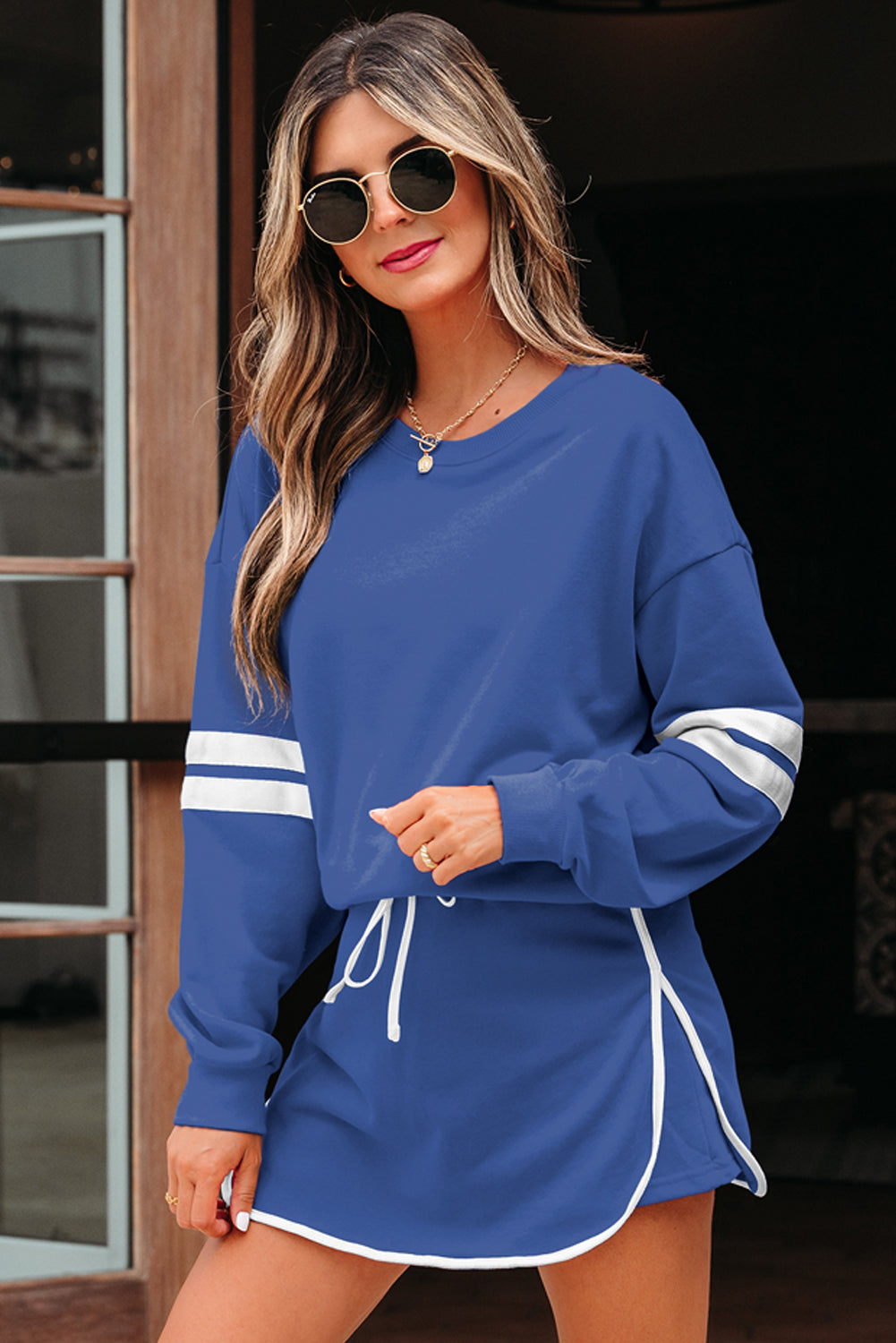 Navy Blue Varsity Stripe Detail Drop Shoulder Pullover Mini Skort Set