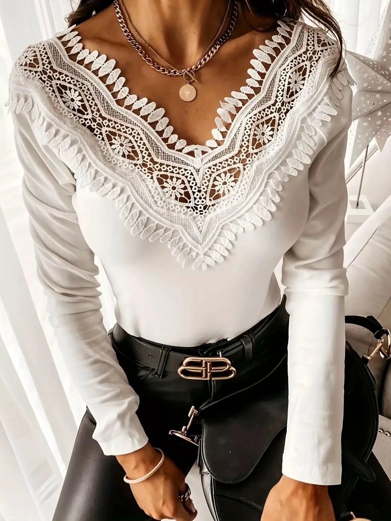  lace trim long sleeve tee for women casual everyday outfit