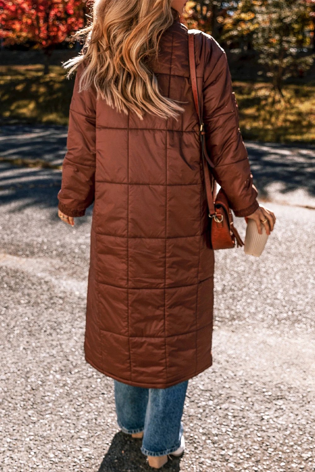 coffee quilted puffer stand neck zipped mid-length coat for women casual everyday outfit