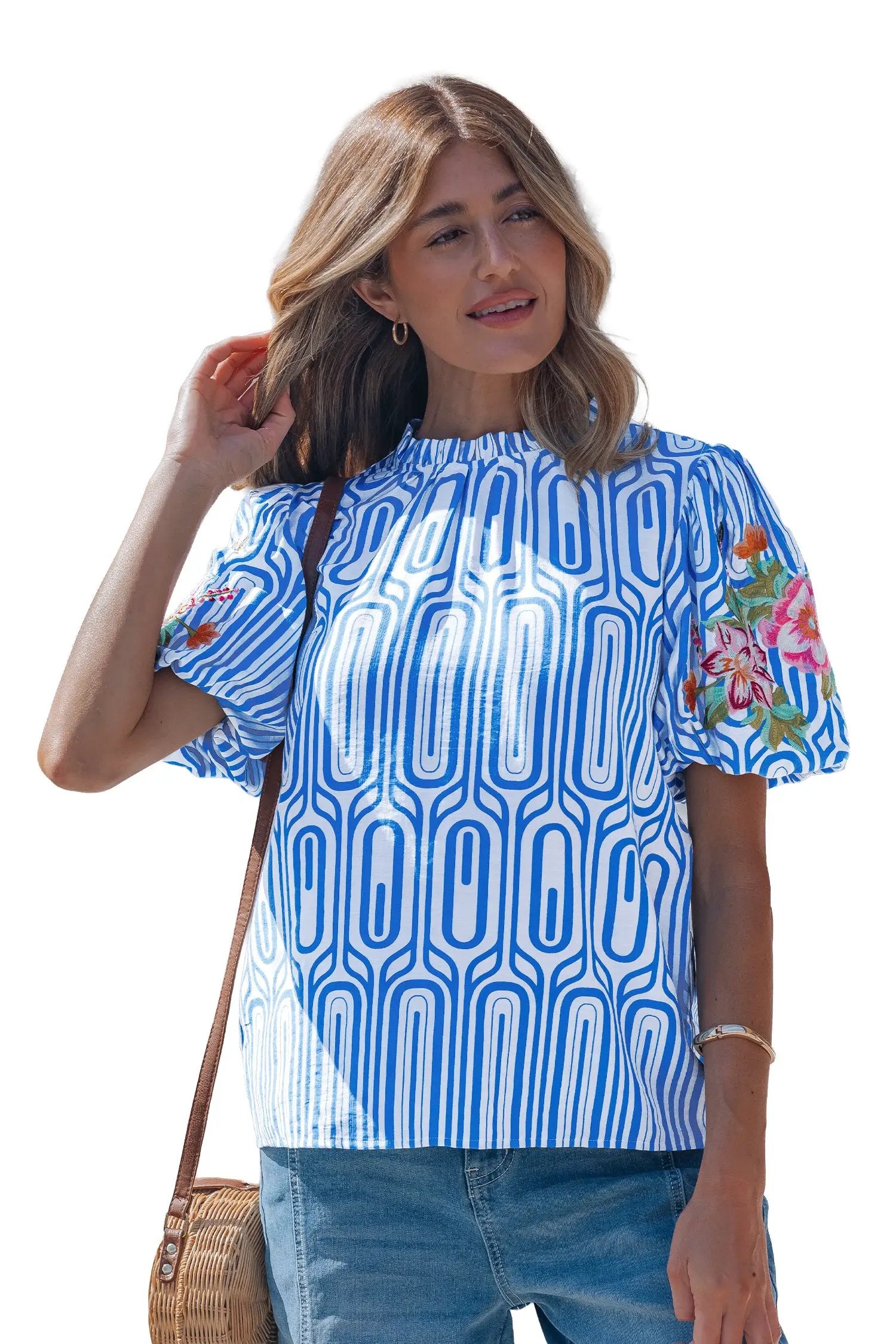 sky blue unique geometry print floral embroidered puff sleeve blouse for women casual everyday outfit