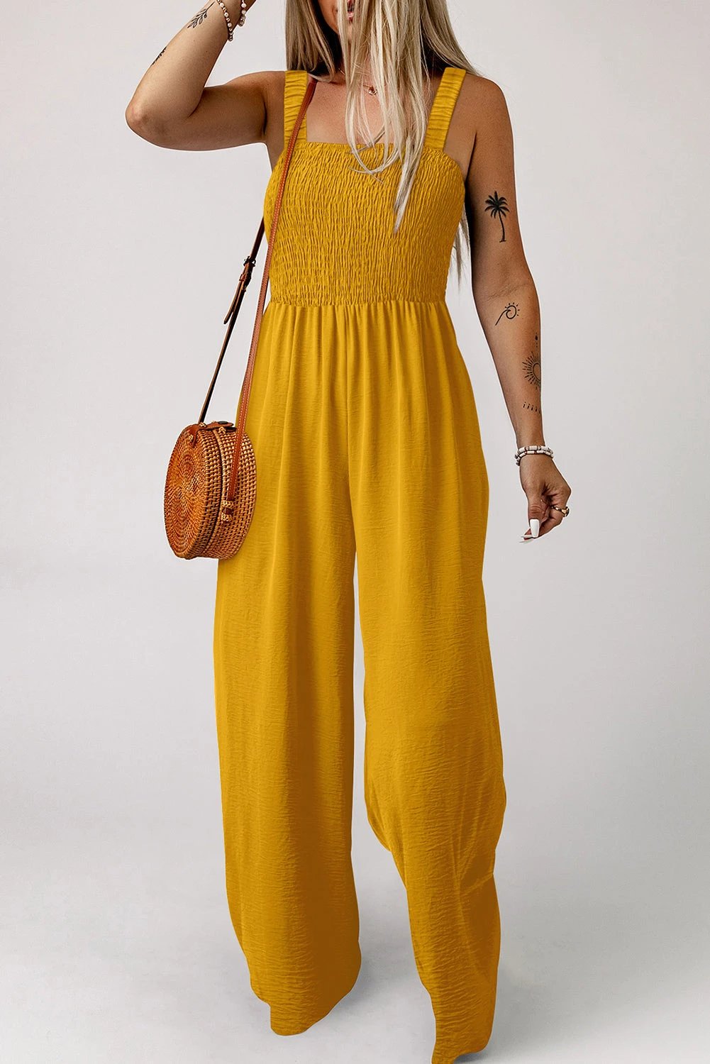 Yellow smocked sleeveless wide leg jumpsuit with pockets for women casual everyday outfit