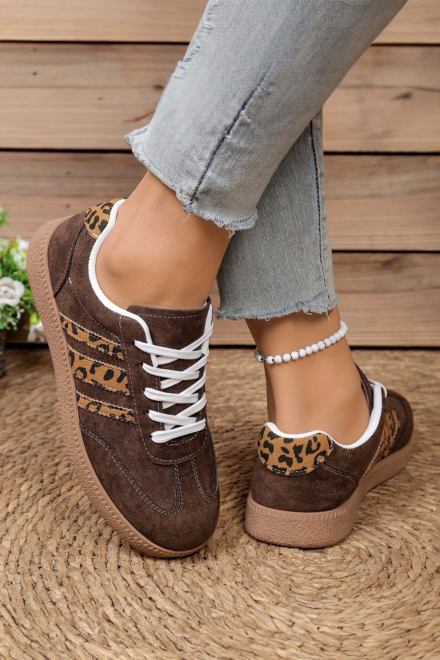 coffee contrast lace-up leopard patchwork detail faux suede shoes for women casual everyday outfit
