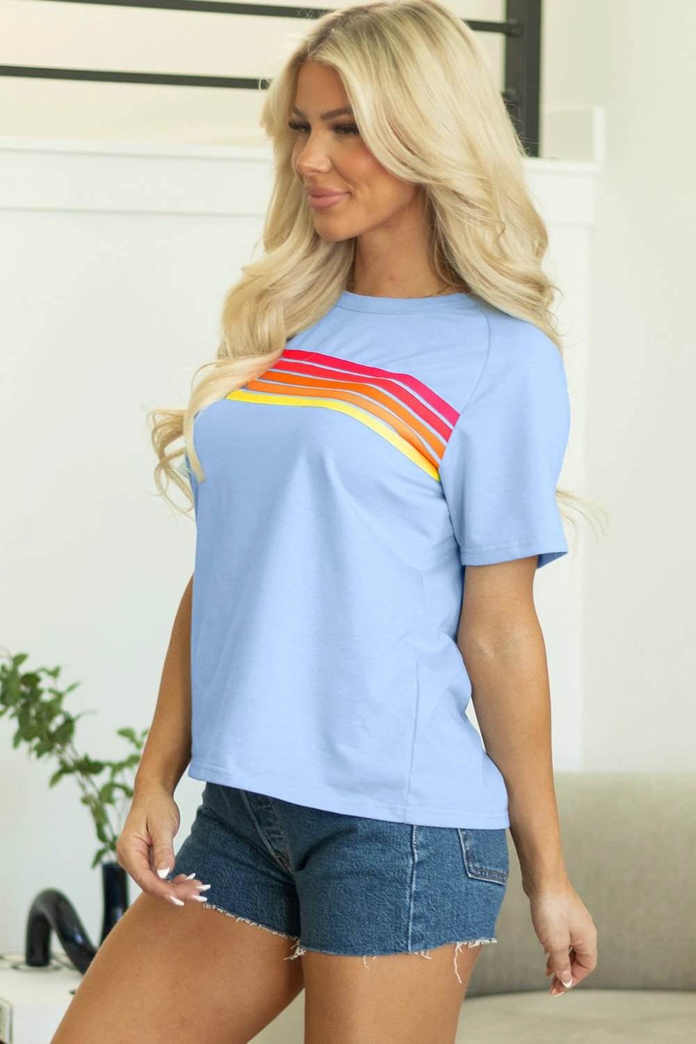 Soft Denim Blue striped patch front casual tee for women casual everyday outfit