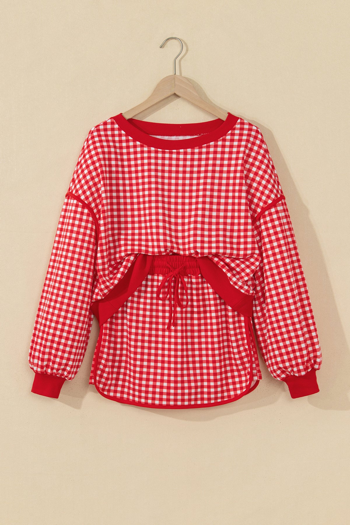 Red Gingham Oversized Ribbed Trim Crew Neck Long Sleeve Top and Skort Set
