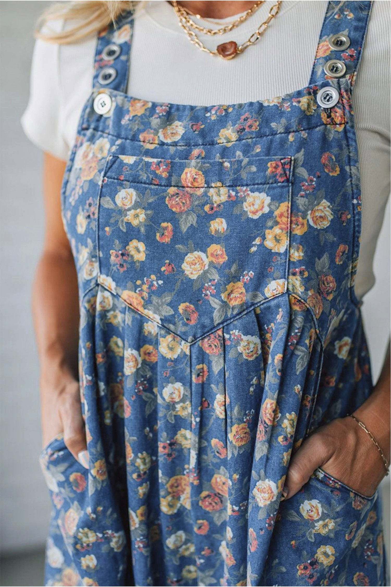 blue vintage rose printed pleated loose denim overall jumpsuit for women casual everyday outfit