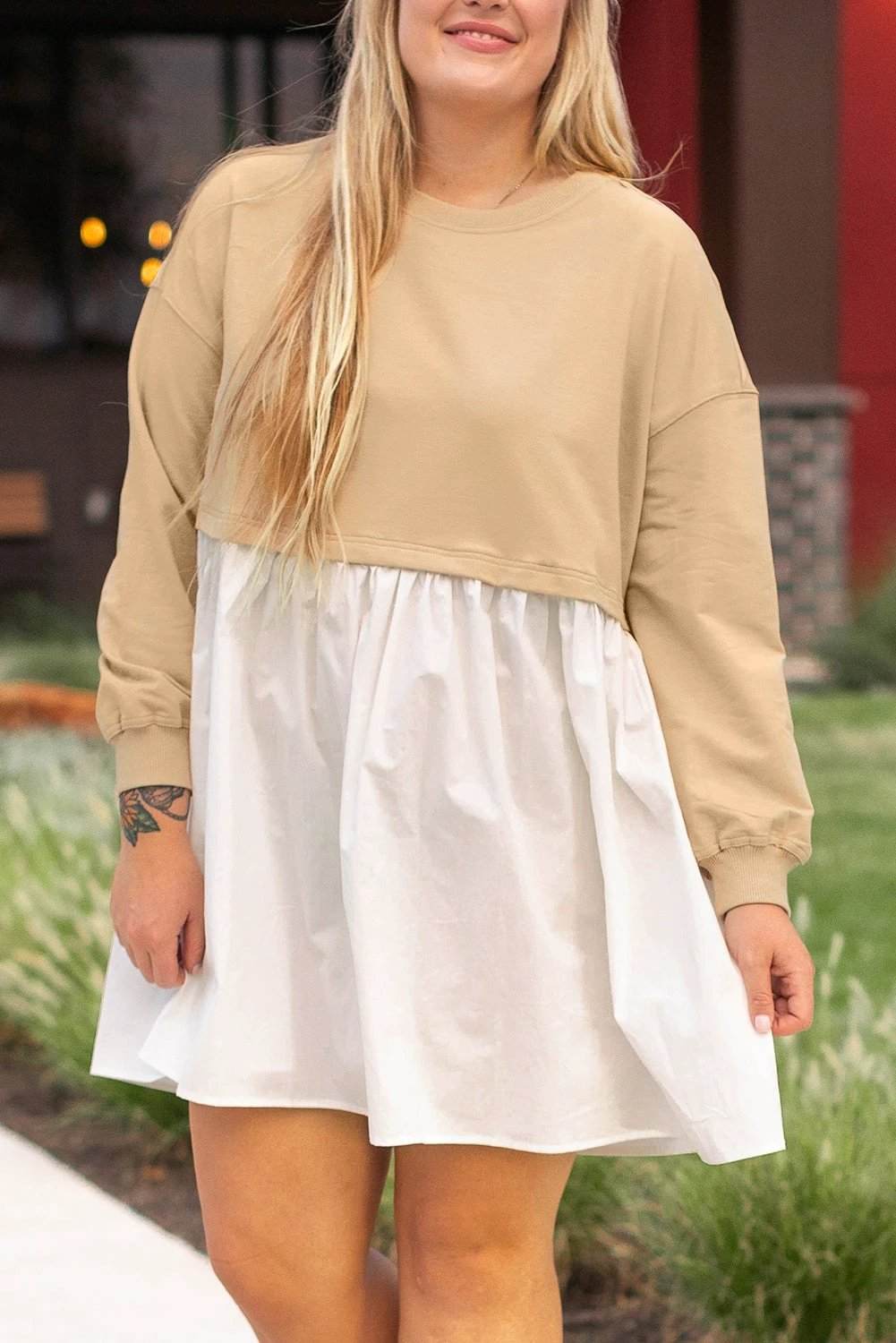 Plus size Weekend Pretty colorblock patchwork mini dress with ruffled hem