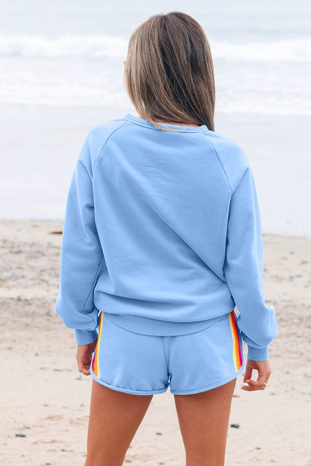 Soft Denim Blue accent pullover and shorts two piece casual set for women casual everyday outfit