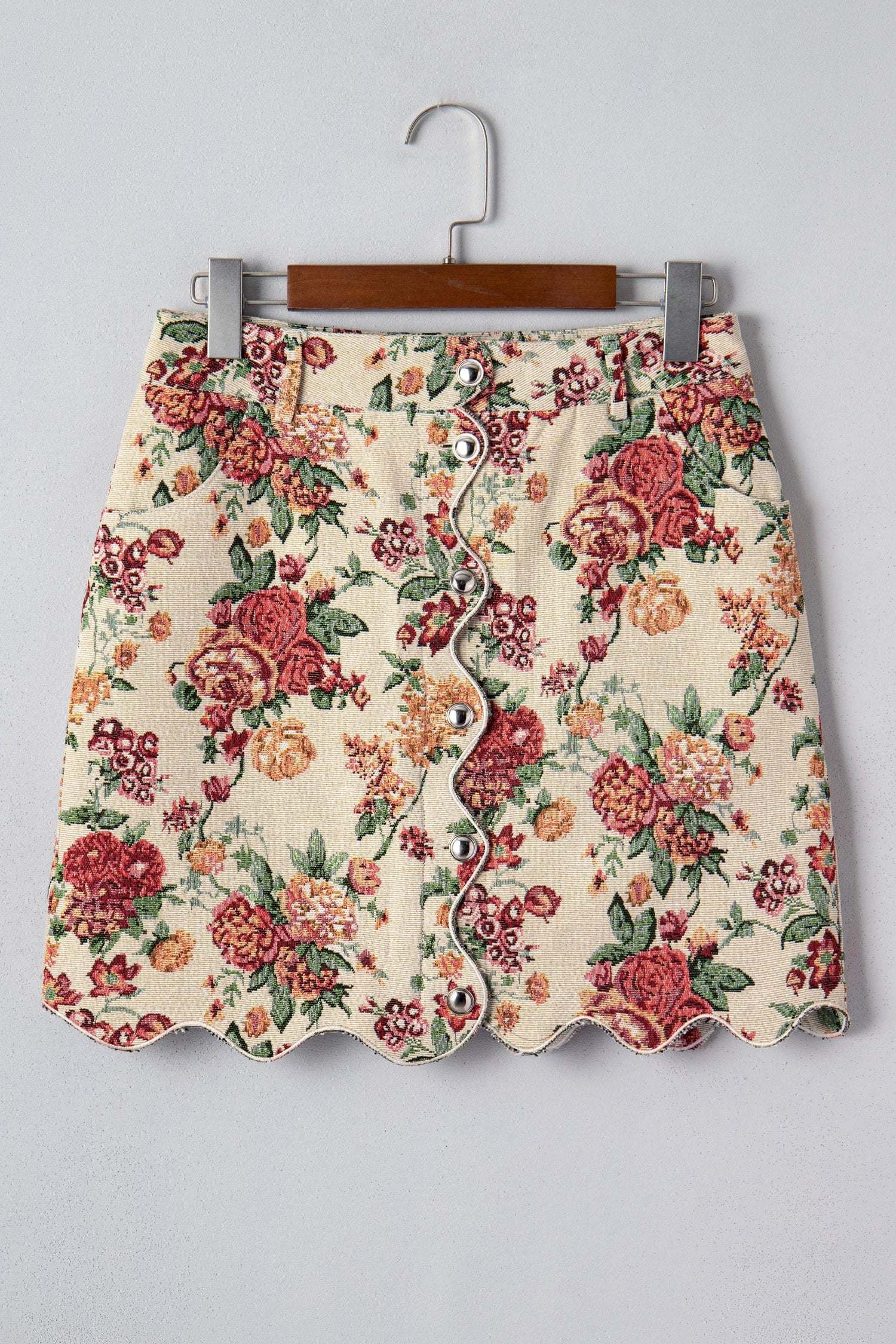 apricot buttoned front scalloped trim mini jacquard floral skirt for women casual everyday outfit