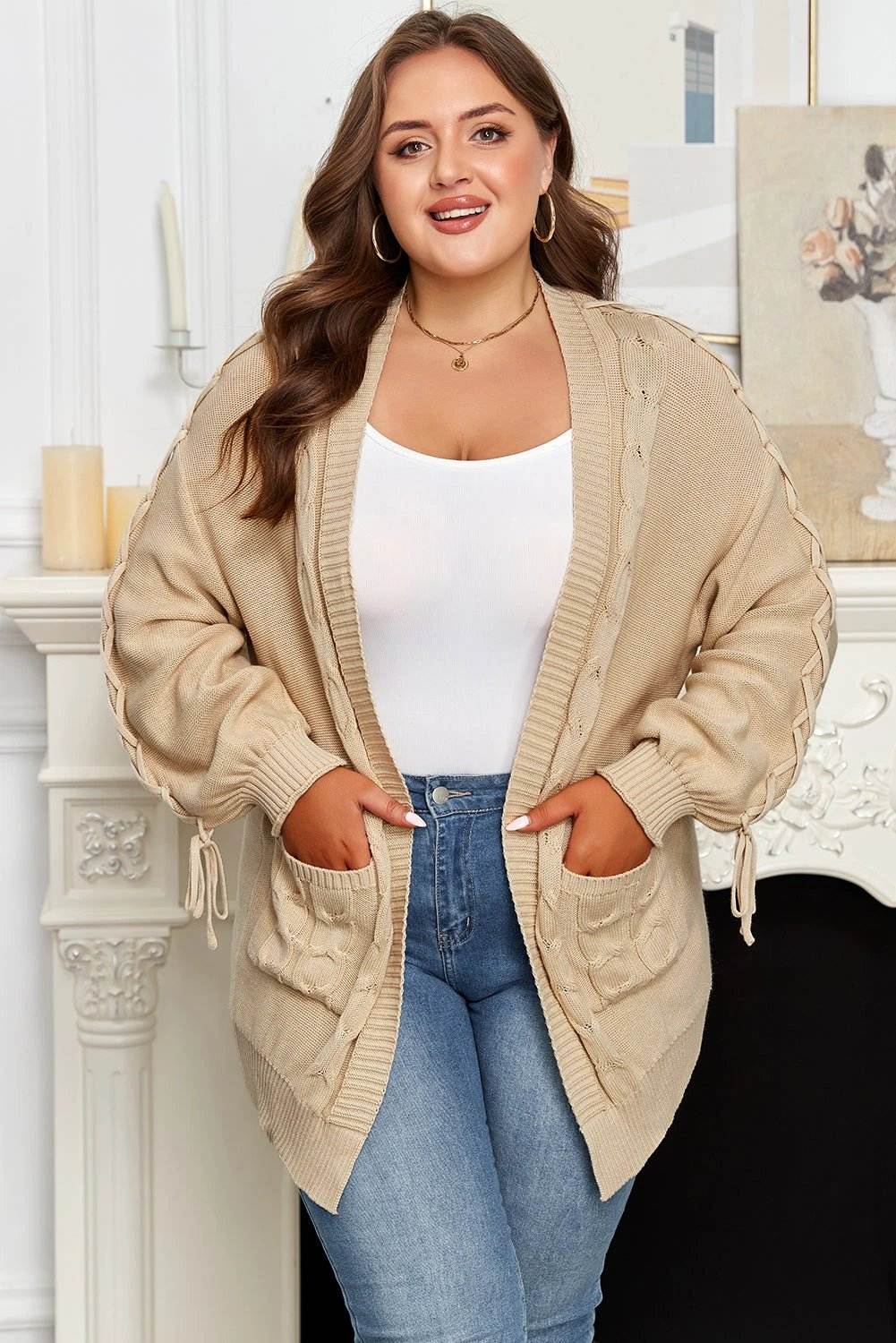 Plus size cable knit open cardigan with braided tie sleeves in khaki color