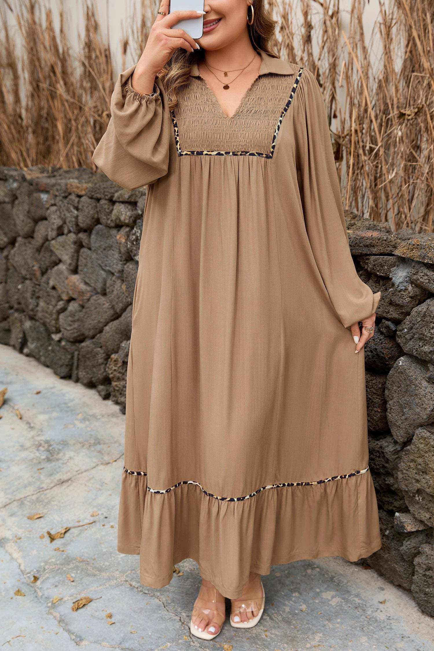 Plus size Southern Charm smocked V-neck dress with leopard piping and balloon sleeves