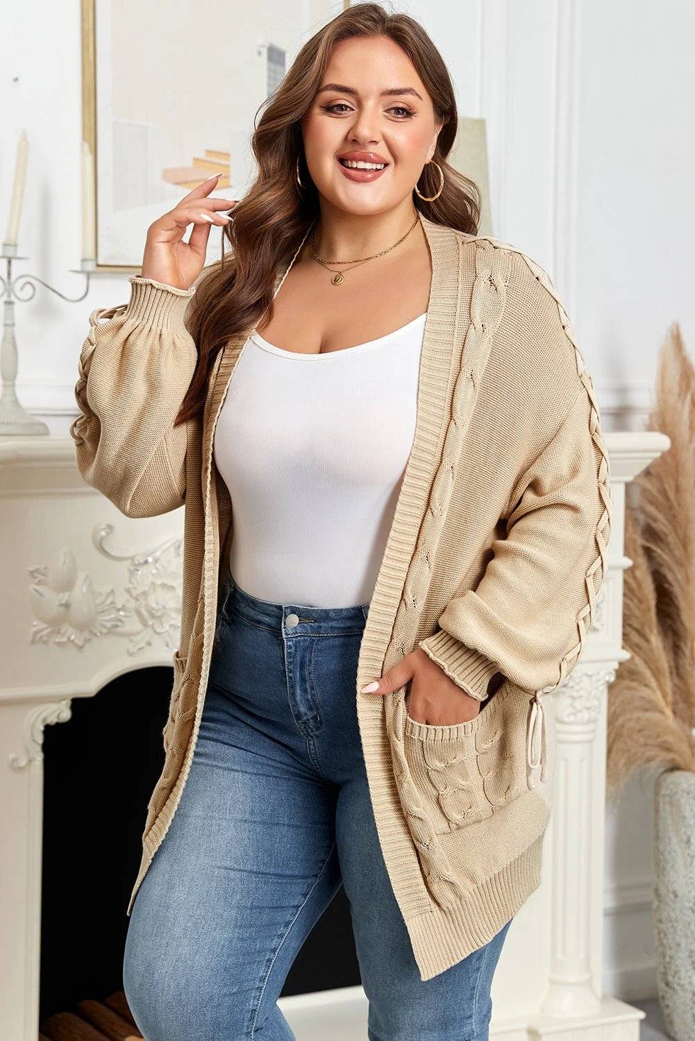 Plus size cable knit open cardigan with braided tie sleeves in khaki color