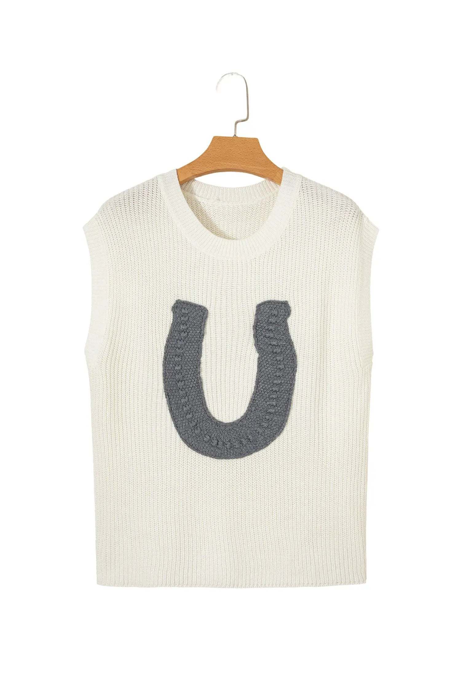 Turquoise Cowgirl Chic crochet knit sweater with grey horseshoe applique and short sleeves