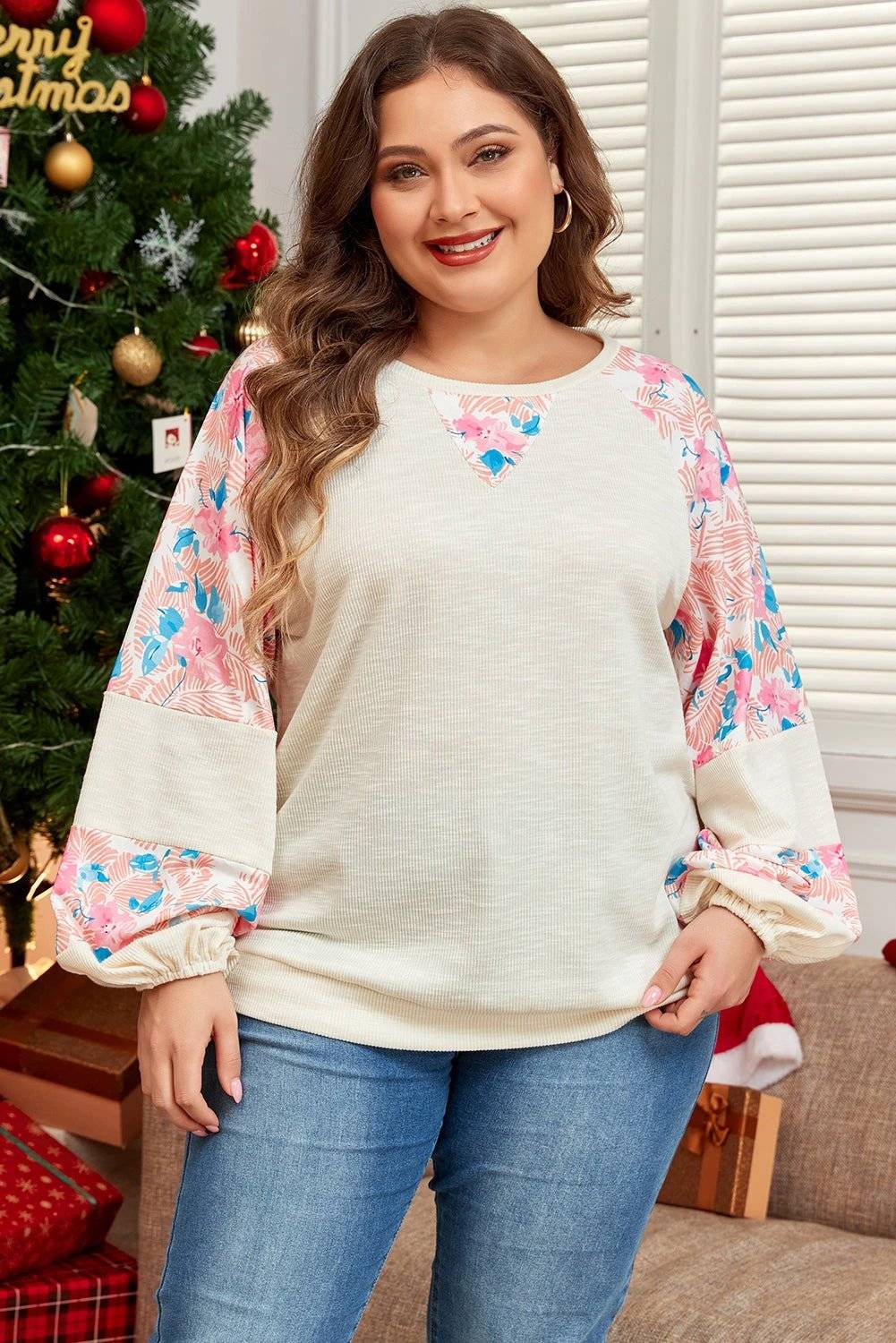 apricot plus size floral patchwork ribbed puff sleeve top for women casual everyday outfit