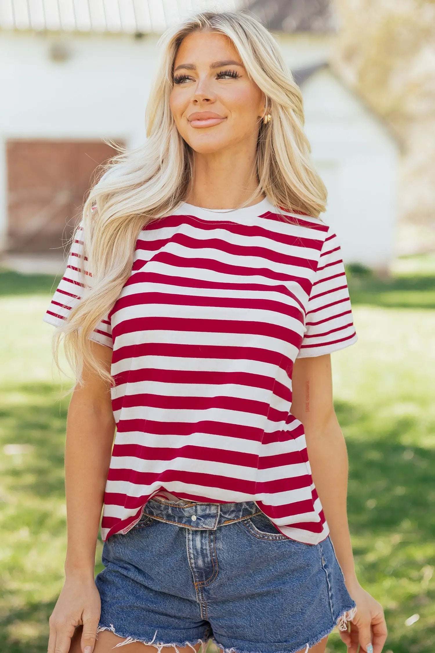 Colorblock stripe tee featuring a round neck and short sleeves for casual, comfortable everyday wear.