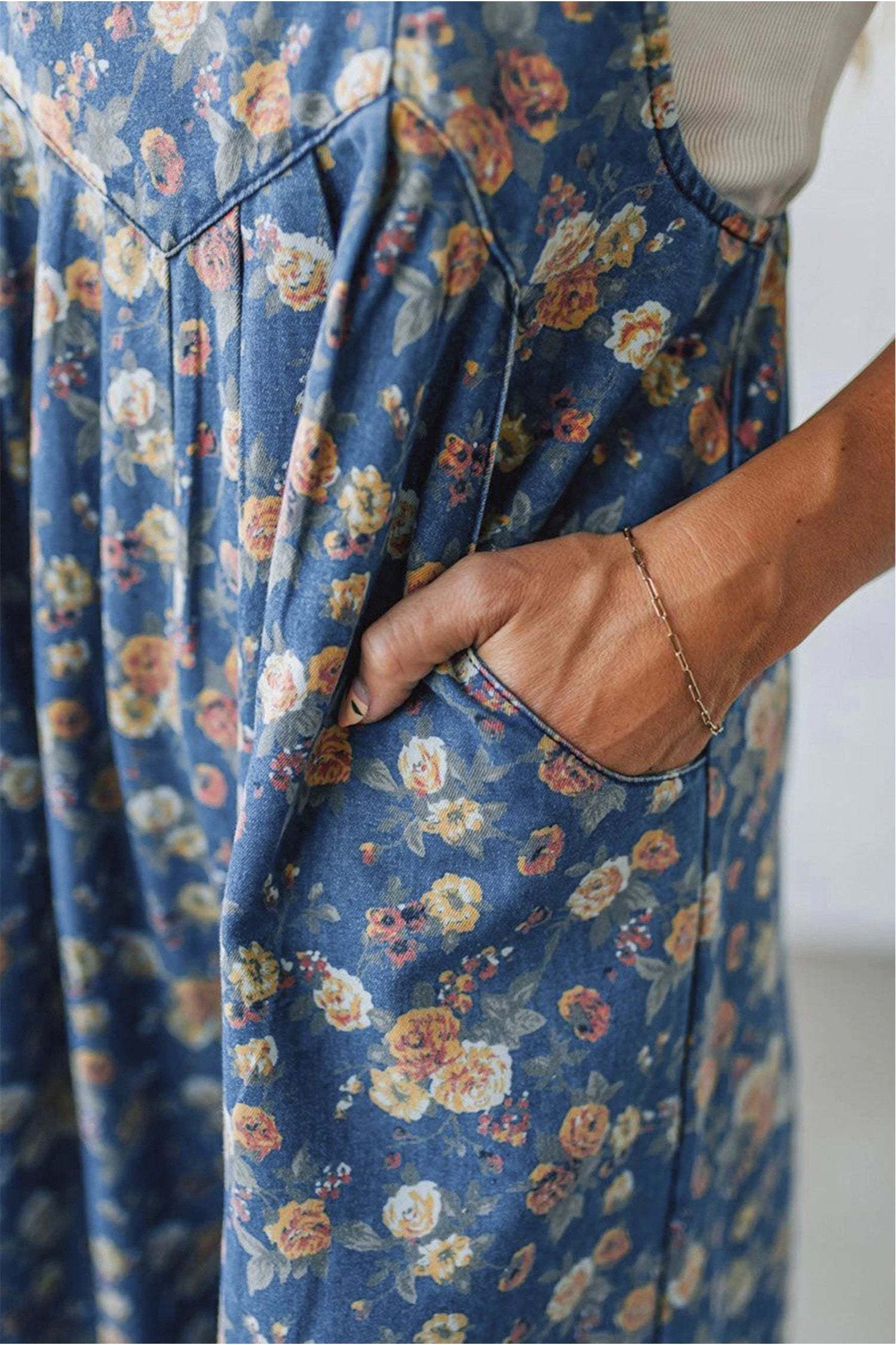 blue vintage rose printed pleated loose denim overall jumpsuit for women casual everyday outfit