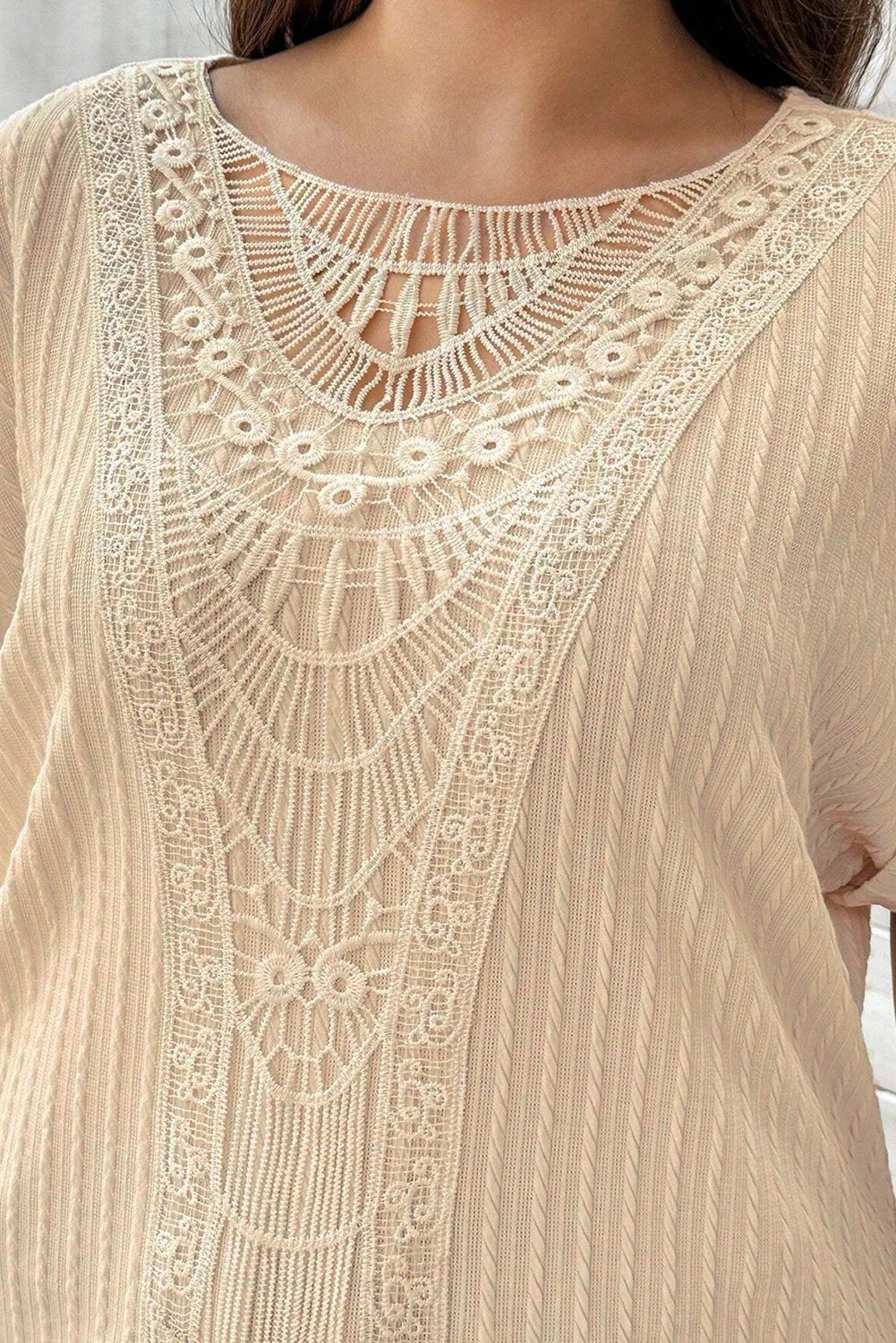 beige lace crochet patched cable textured cuffed short sleeve plus size top for women casual everyday outfit