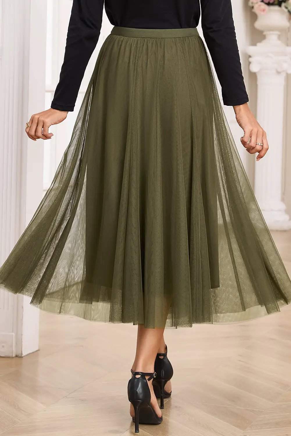 Dear-Lover Dropshipping Apricot Tulle Mesh Overlay Flared Midi Skirt - Skirts Bottoms/Skirts & Petticoat