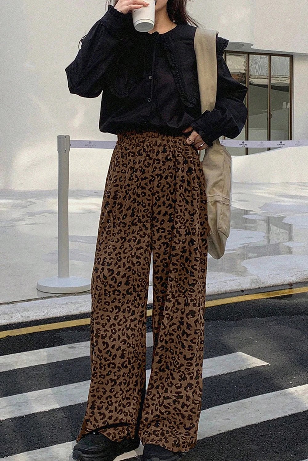 dark brown leopard print elastic high waist loose corduroy pants for women casual everyday outfit