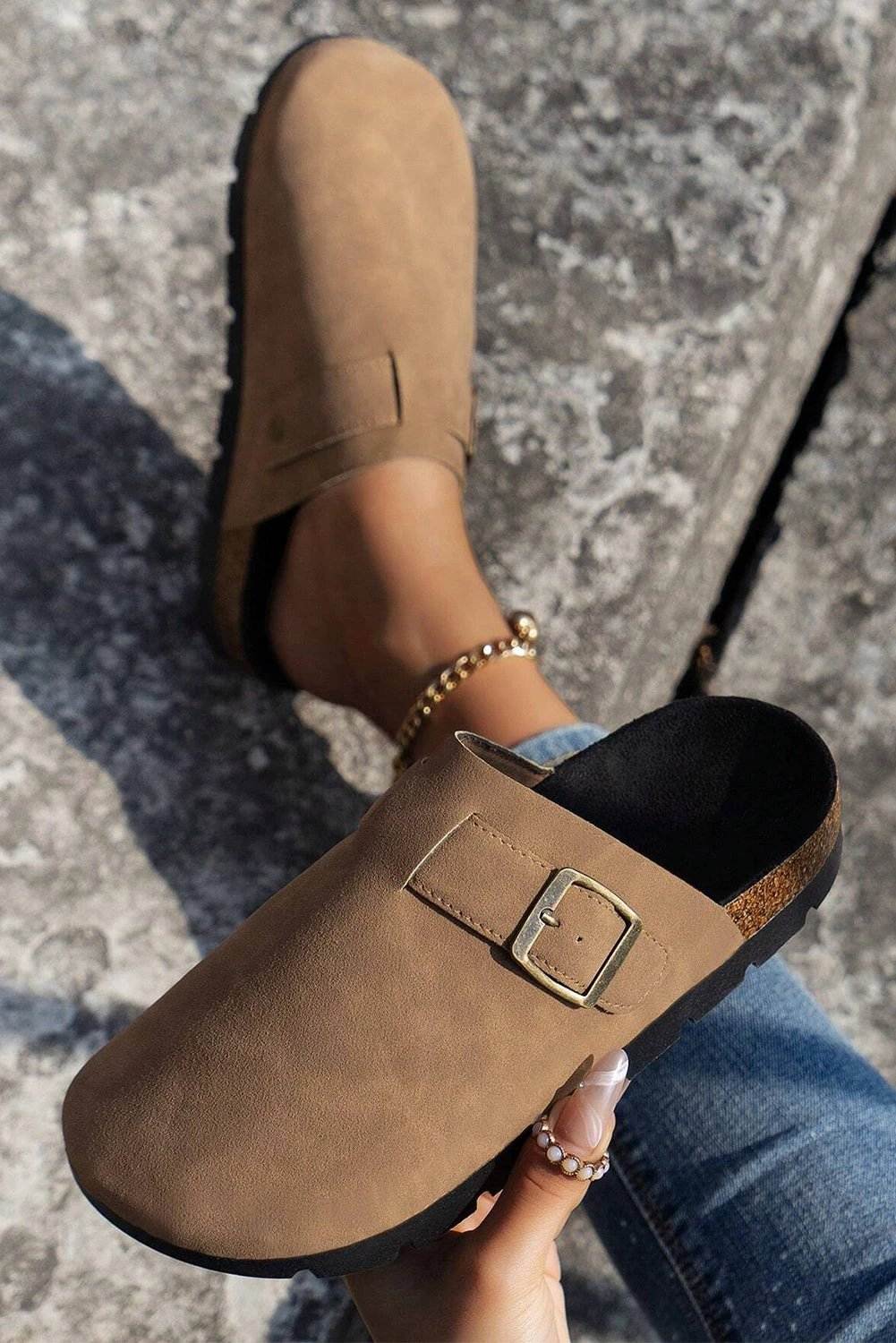 Beige suede buckle detail slippers for women casual everyday outfit