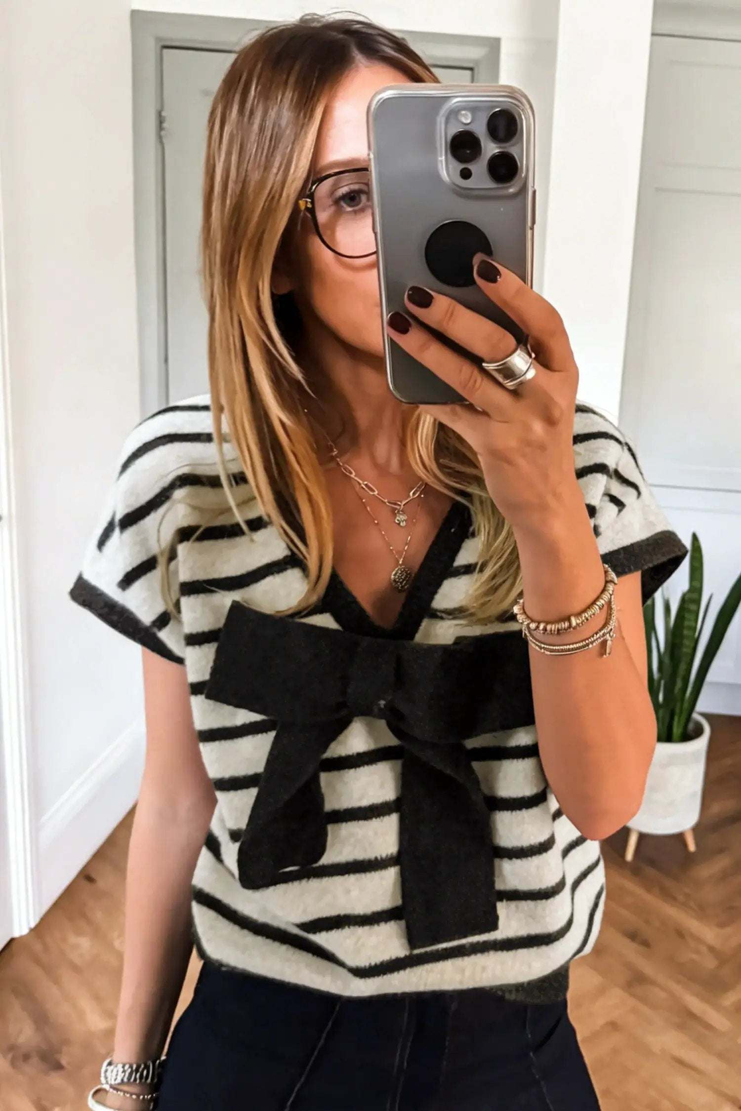 Dear-Lover Dropshipping Black Stripe Bow Applique Short Sleeve Sweater - Sweaters & Cardigans/Short Sleeve Sweaters