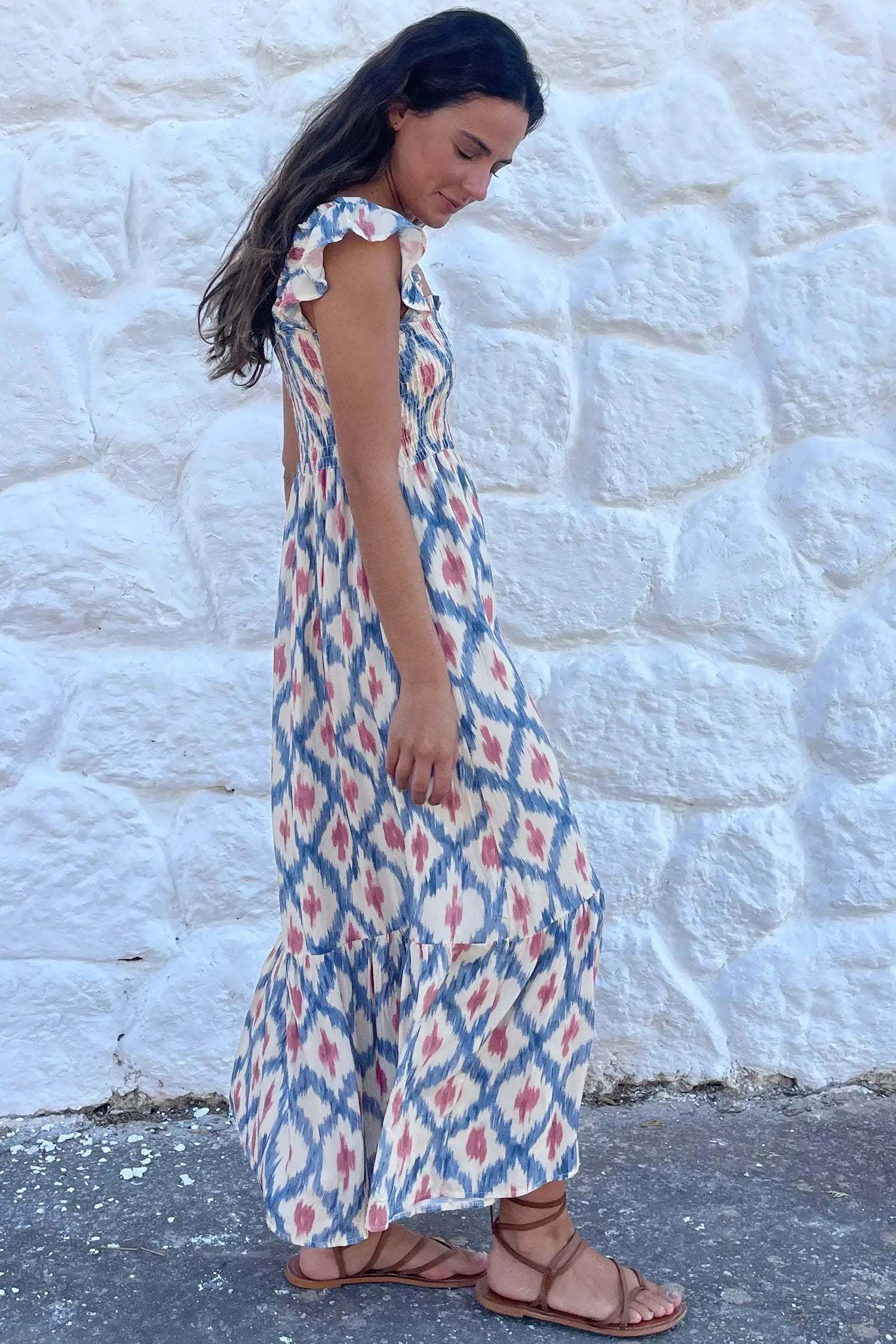 Boho Vacation Vibes geometric print square neck smocked waist A-line dress with ruffle sleeves