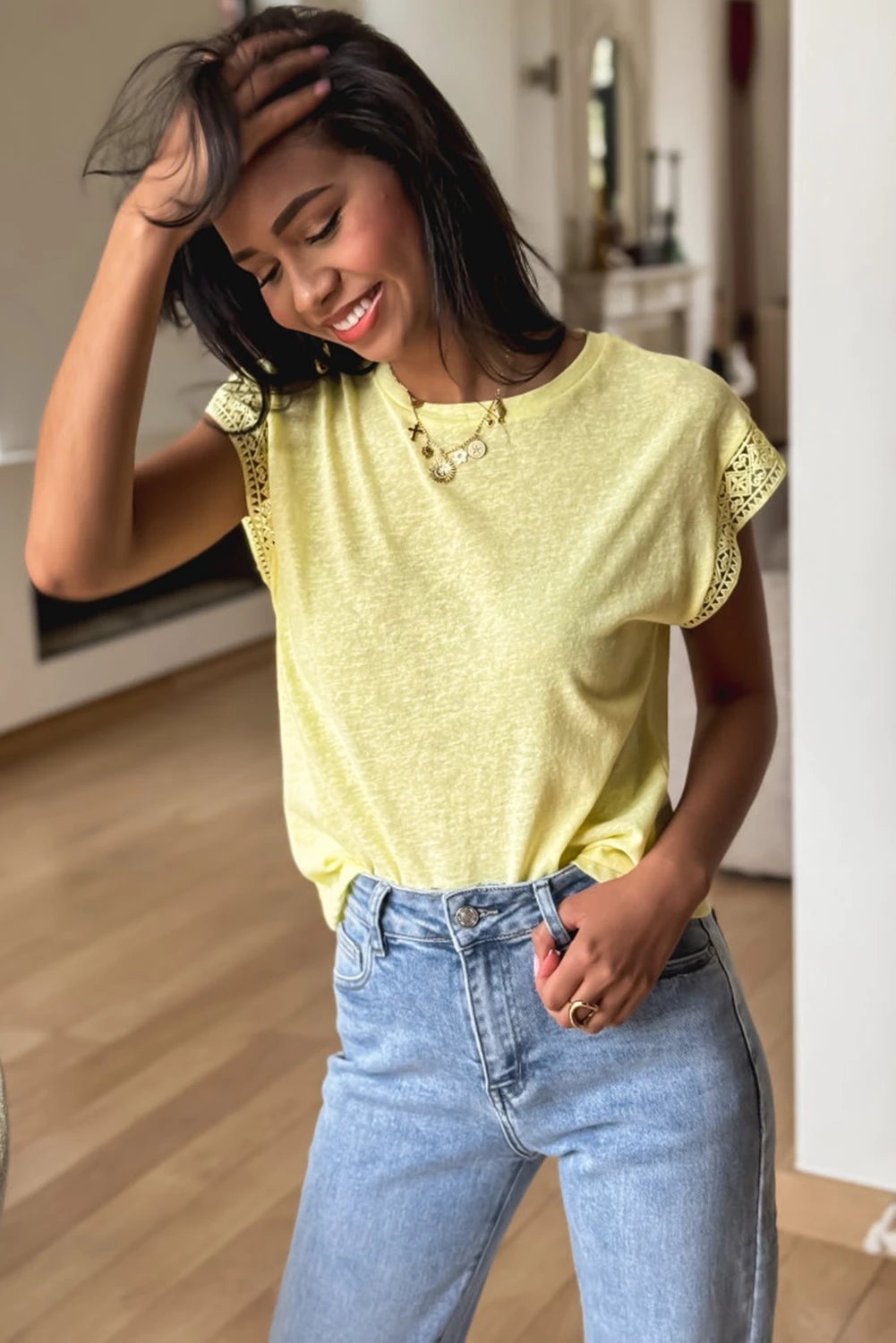 Yellow lace patchwork cap sleeve round neck t-shirt with relaxed fit