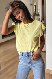 Yellow lace patchwork cap sleeve round neck t-shirt with relaxed fit