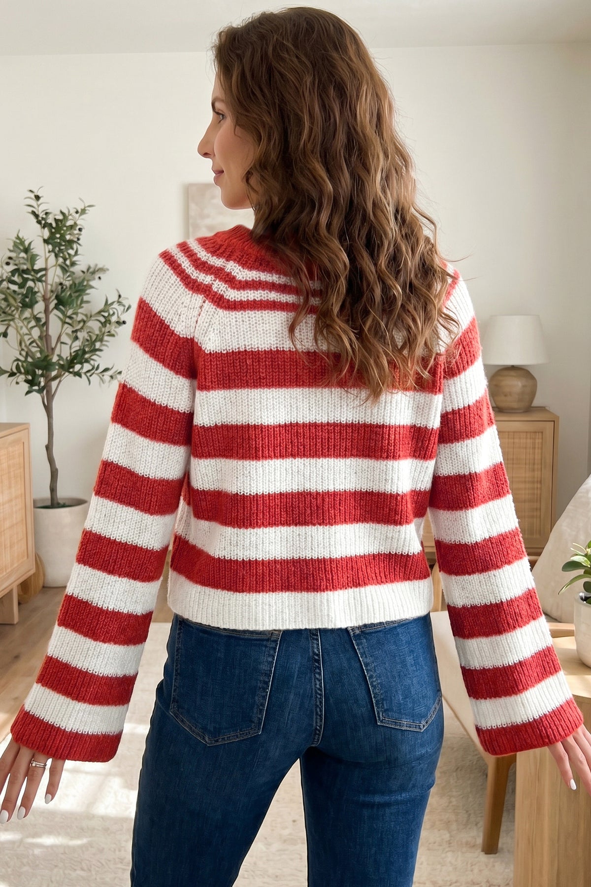 Stripe Striped Color Block V-Neck Long Sleeve Shift Sweater