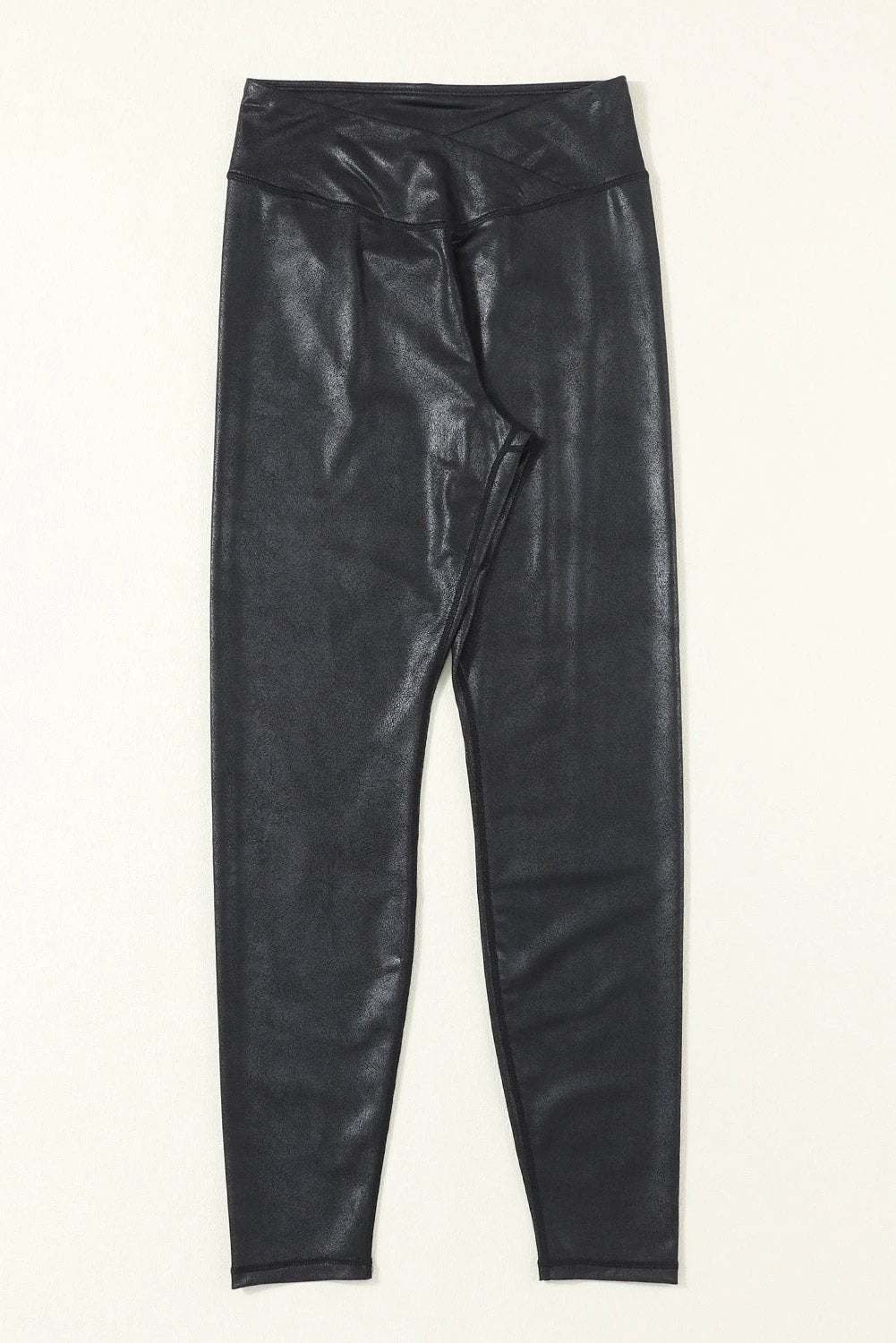 black crossed dip waist sleek leather leggings for women casual everyday outfit