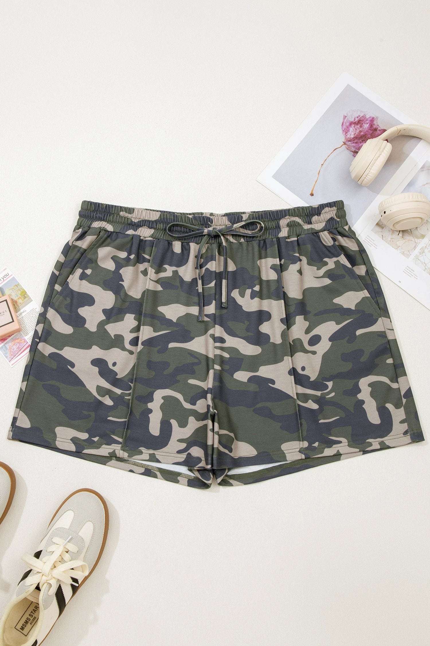 green tie elastic waist pocketed plus size camo shorts for women casual everyday outfit
