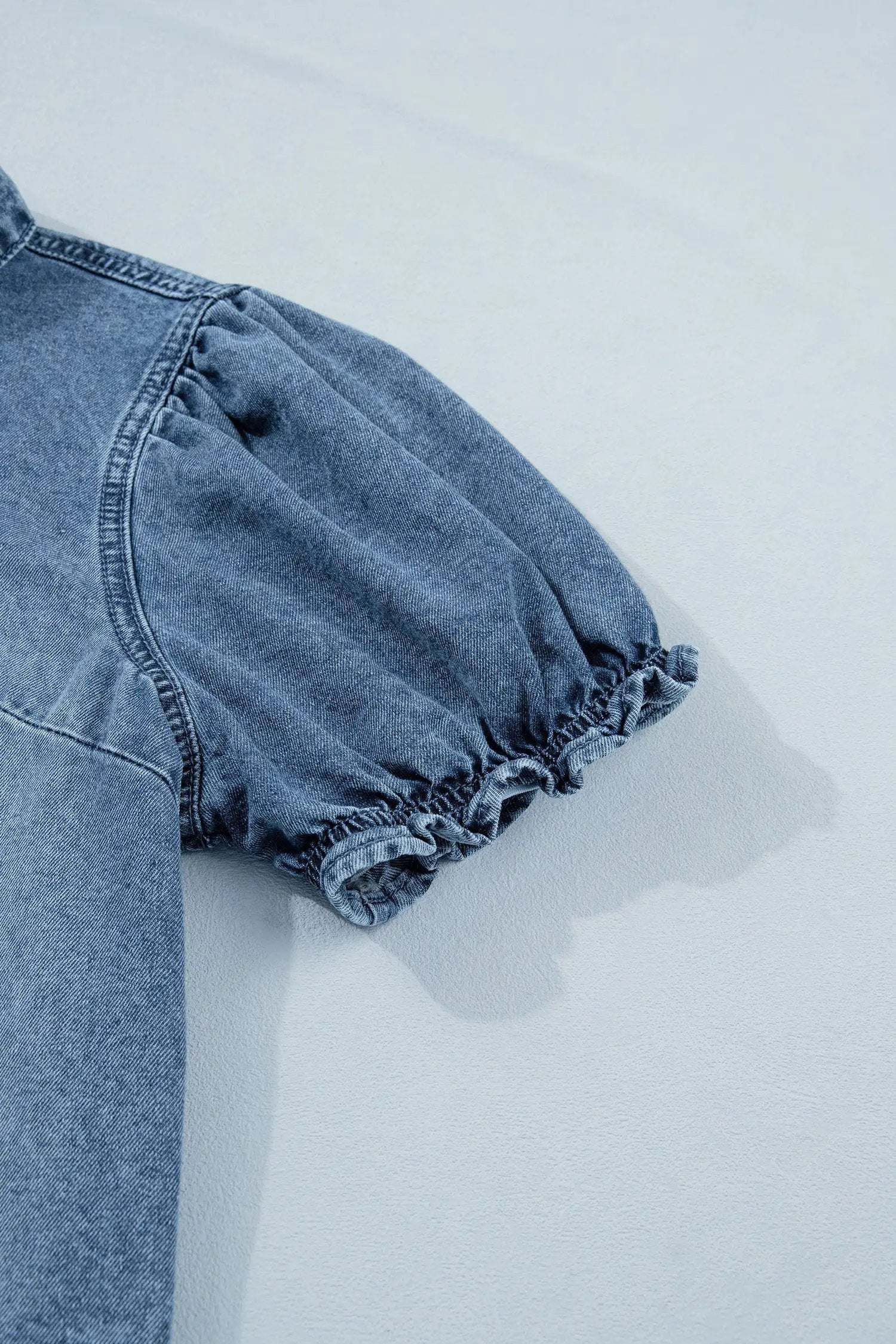 Western Chic frilled short sleeve denim shirt with snap buttons in classic blue