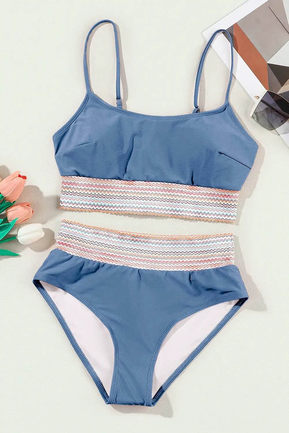 High waist two piece bikini set with colorful stitch border in blue