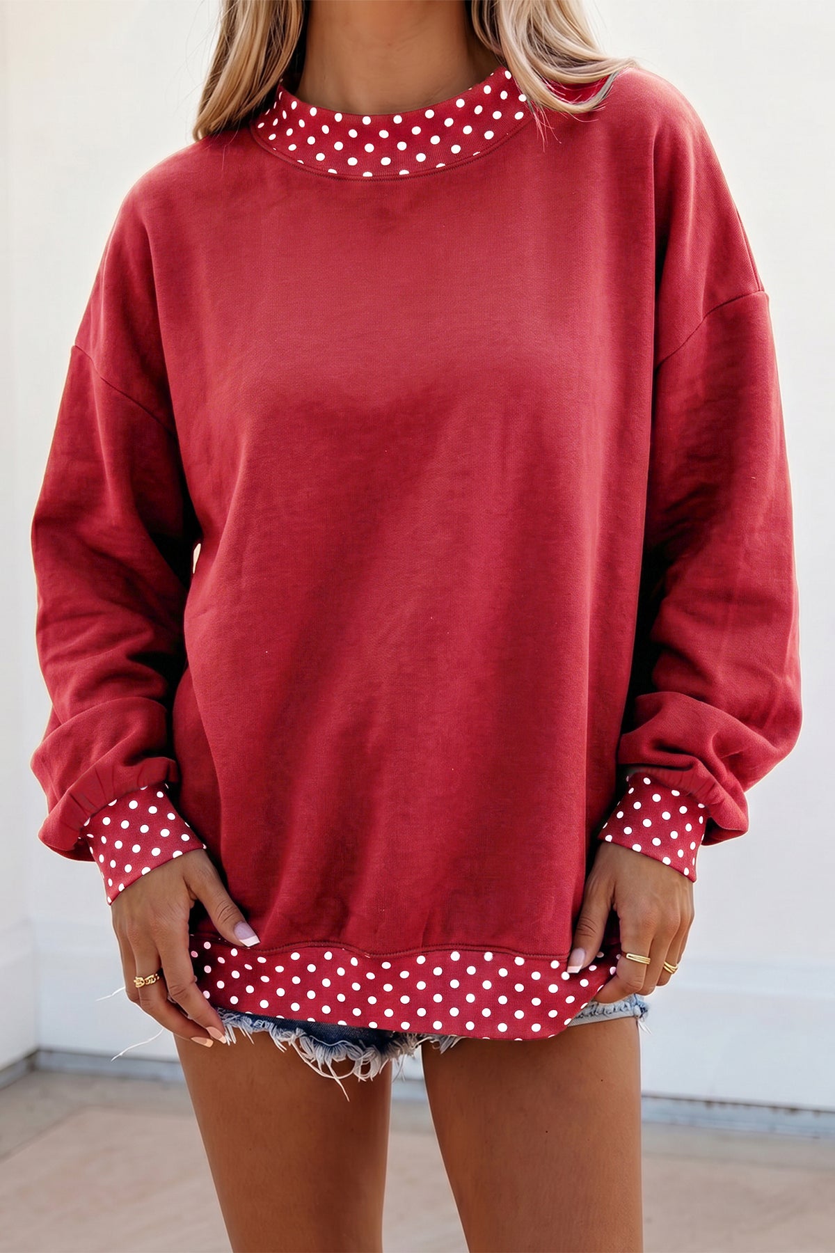 Orange Colorblock Polka Dot Contrast Trim Oversized Sweatshirt