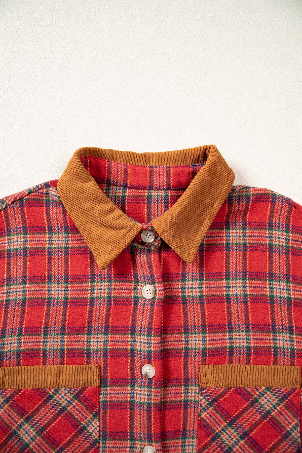 Red Casual Plaid Color Block Collared Button Shacket