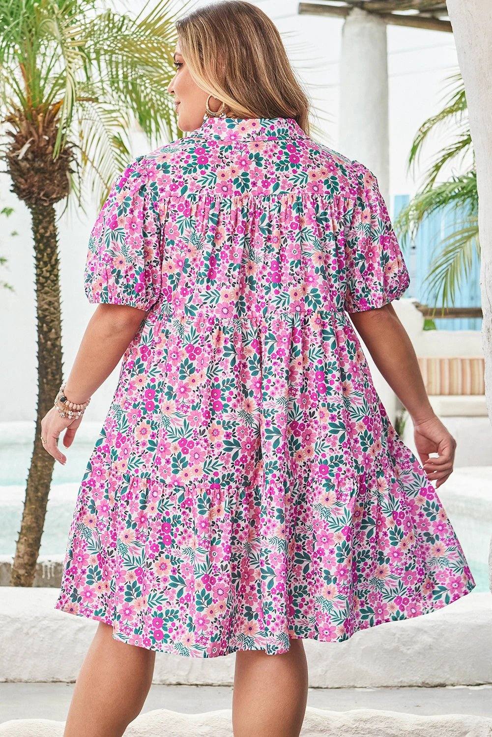 Dear-Lover Dropshipping Pink Plus Size Floral Half Button Short Puff Sleeve A-line Dress - Plus Size/Plus Size Dresses/Plus Size Mini Dresses