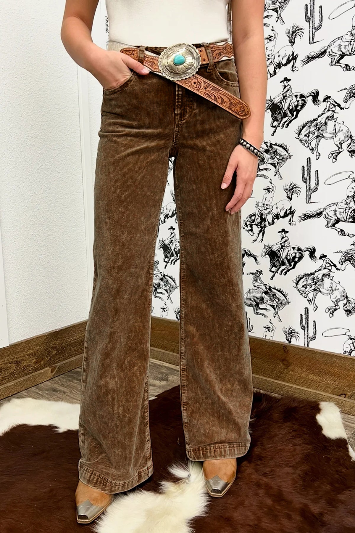 Straight Leg Corduroy Metal Button Zip-Up Pants