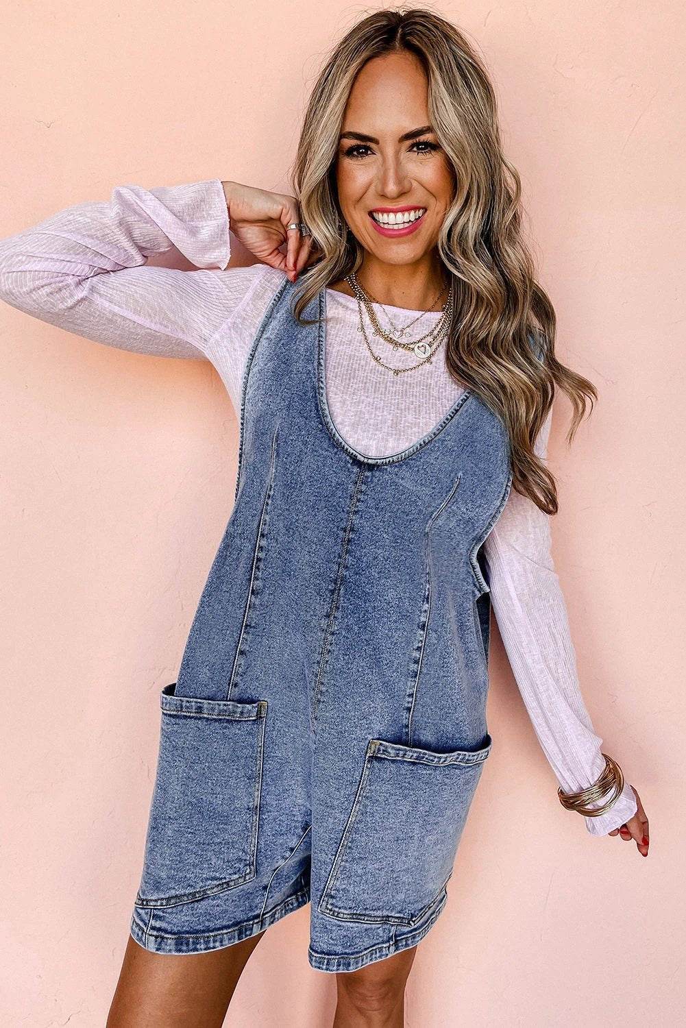 Mom Chic denim sleeveless U-neck romper with patch pockets for casual chic style