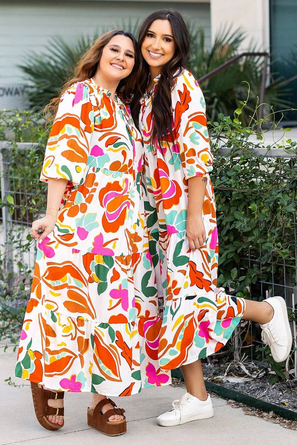 orange floral print drawstring v neck tiered plus size dress for women casual everyday outfit