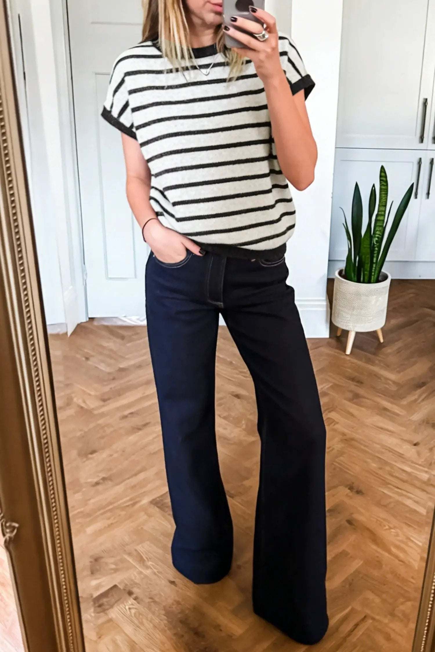 Dear-Lover Dropshipping Black Stripe Bow Applique Short Sleeve Sweater - Sweaters & Cardigans/Short Sleeve Sweaters