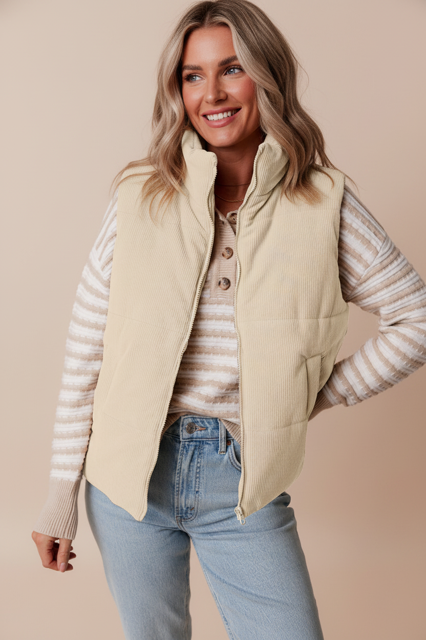 Corduroy Stand Neck Zipped Puffer Vest