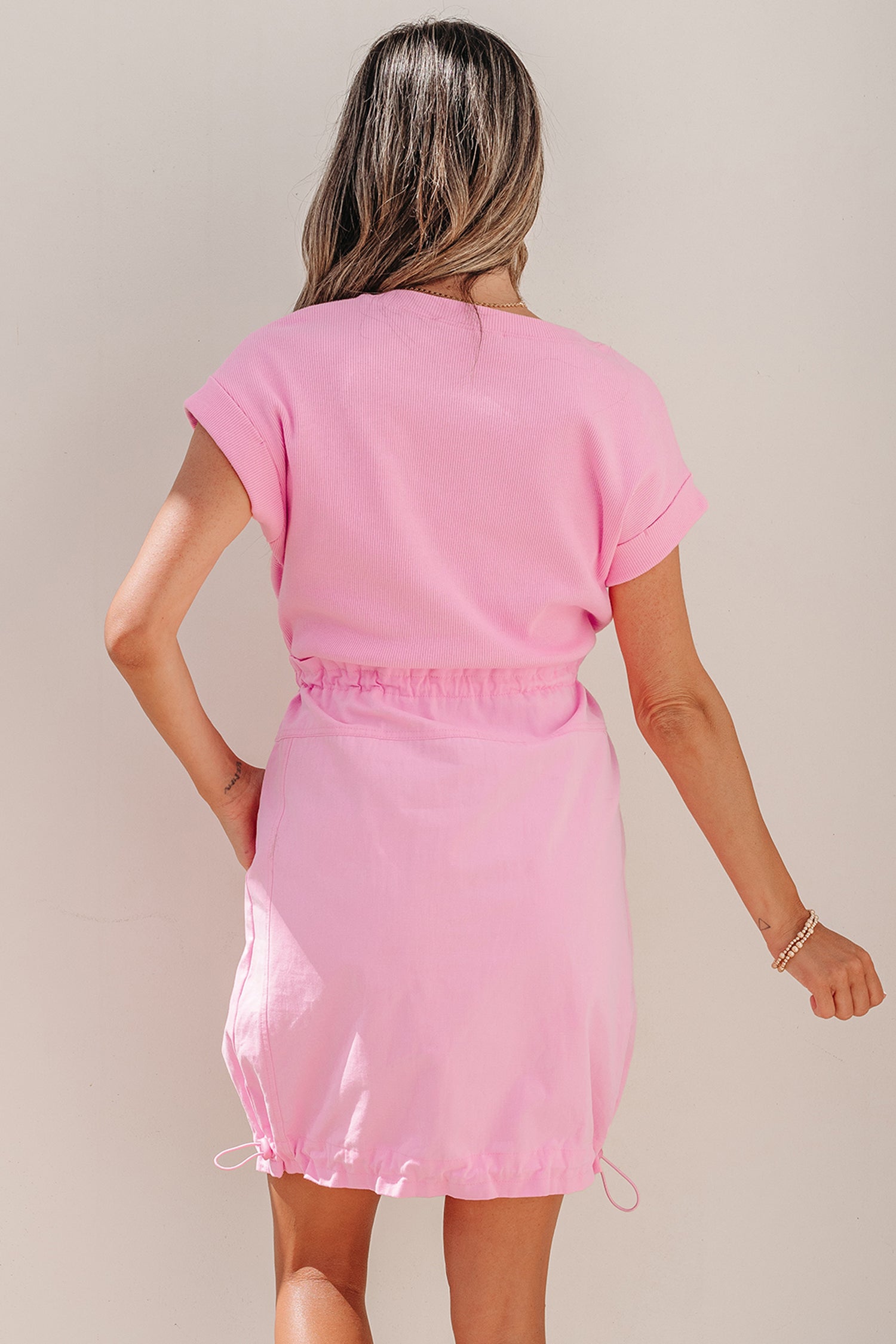 Bonbon Cuffed Short Sleeve Mix Fabric Patchwork Drawstring Mini Dress