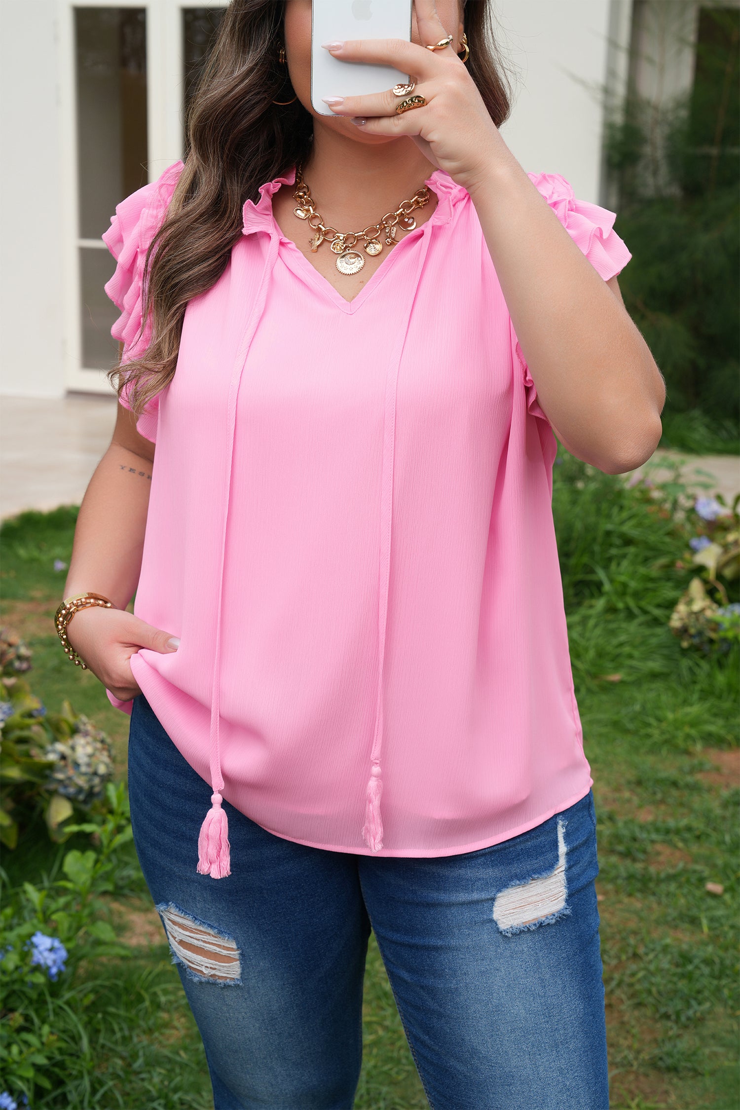 Dear-Lover Dropshipping Bonbon Plus Size Textured Tassel Tie V Neck Ruffle Short Sleeve Blouse - Blouses Plus Size/Plus Size Tops/Plus Size Blouses & Shirts