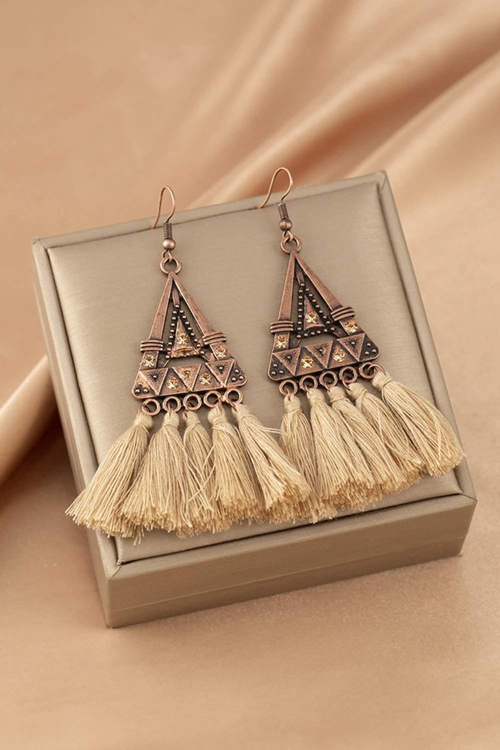 Boho triangle metal tassel earrings with lightweight alloy and fringe tassels